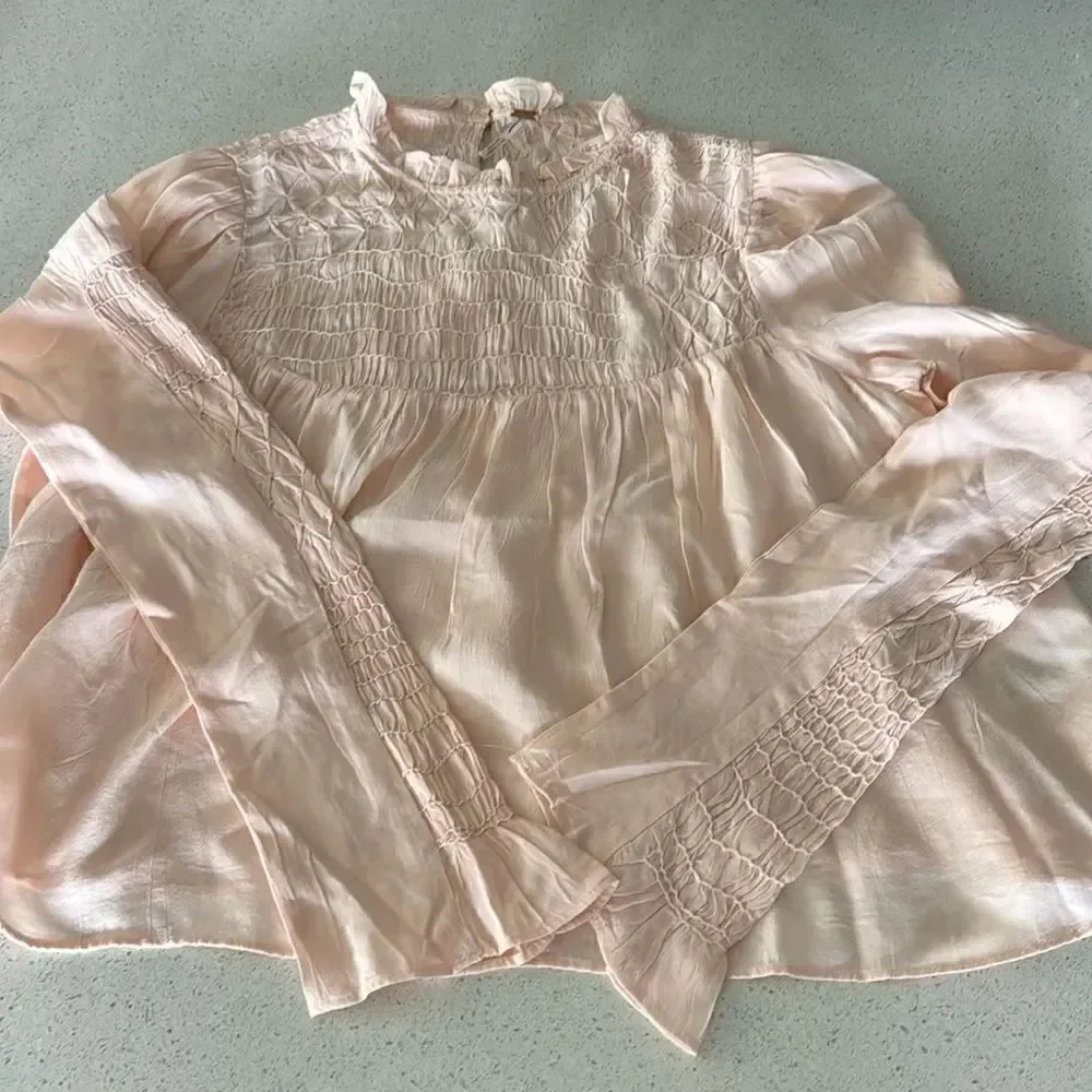 NWOT Free People Smocked In Time Top Ruffled High Neck Long Sleeves XS Feminine